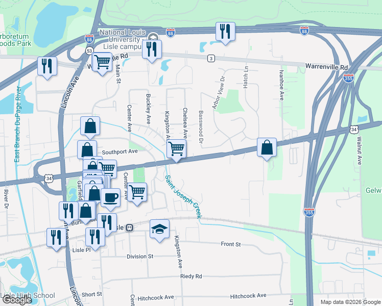 map of restaurants, bars, coffee shops, grocery stores, and more near 752 Ogden Avenue in Lisle