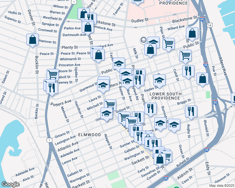map of restaurants, bars, coffee shops, grocery stores, and more near 16 Norwich Avenue in Providence