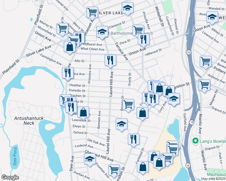 map of restaurants, bars, coffee shops, grocery stores, and more near 54 Dunedin Street in Cranston