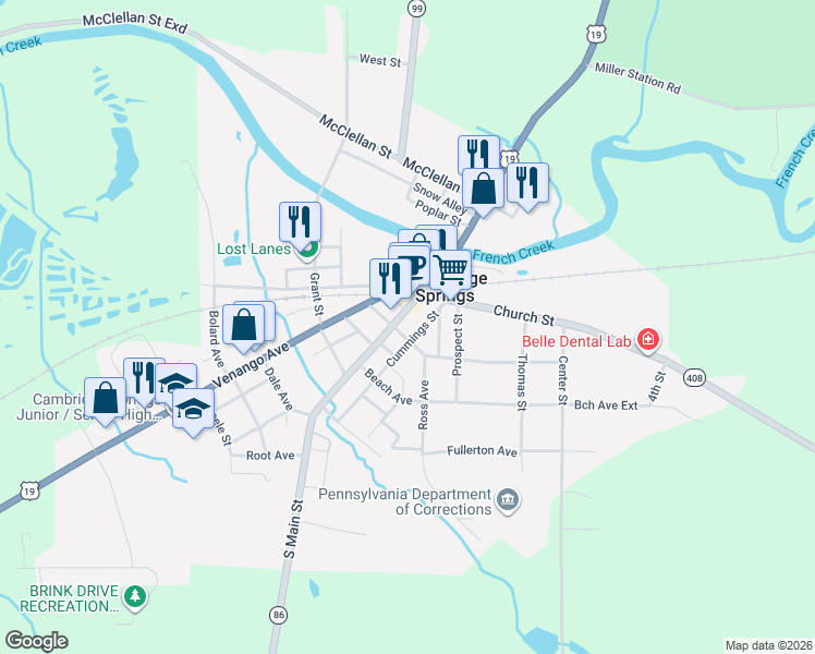map of restaurants, bars, coffee shops, grocery stores, and more near 29761 Spring Street in Cambridge Springs