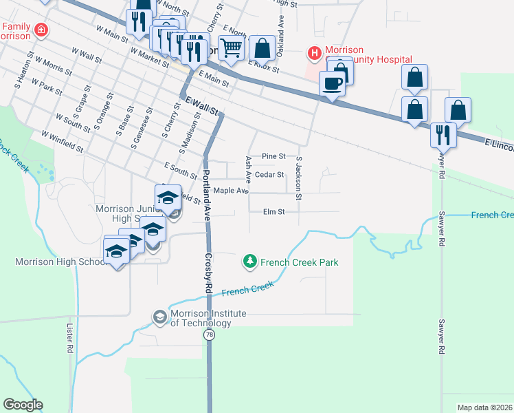 map of restaurants, bars, coffee shops, grocery stores, and more near 205 Elm Street in Morrison