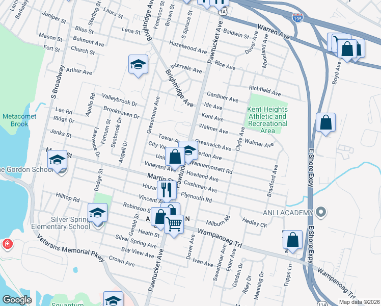 map of restaurants, bars, coffee shops, grocery stores, and more near 24 Wannamoisett Road in East Providence