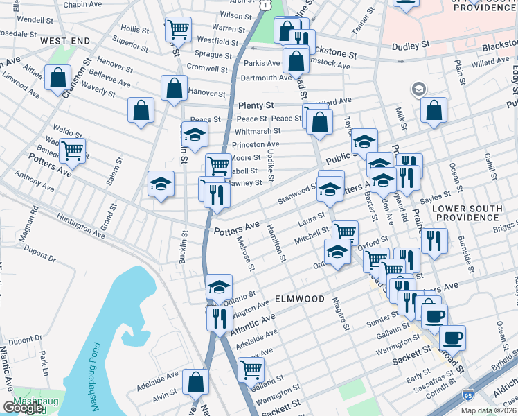 map of restaurants, bars, coffee shops, grocery stores, and more near 419 Potters Avenue in Providence