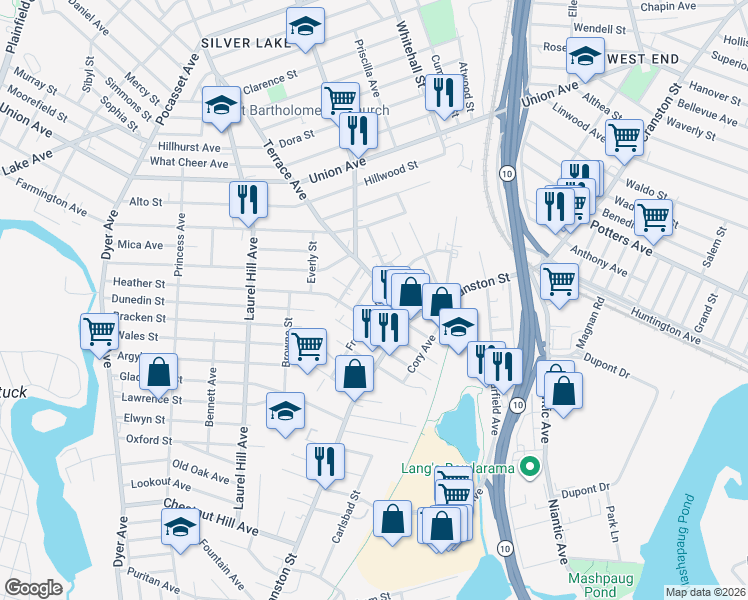 map of restaurants, bars, coffee shops, grocery stores, and more near 122 Franklin Avenue in Cranston