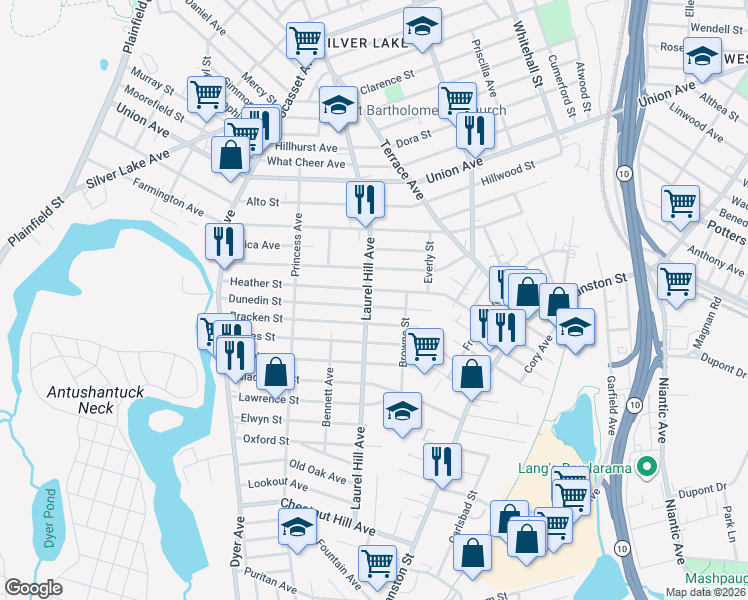 map of restaurants, bars, coffee shops, grocery stores, and more near 54 Dunedin Street in Cranston