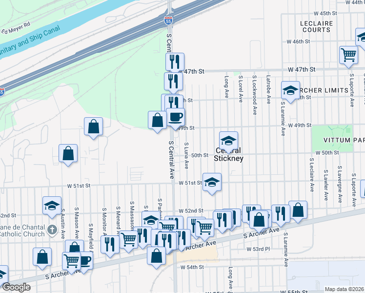map of restaurants, bars, coffee shops, grocery stores, and more near 4957 South Central Avenue in Chicago