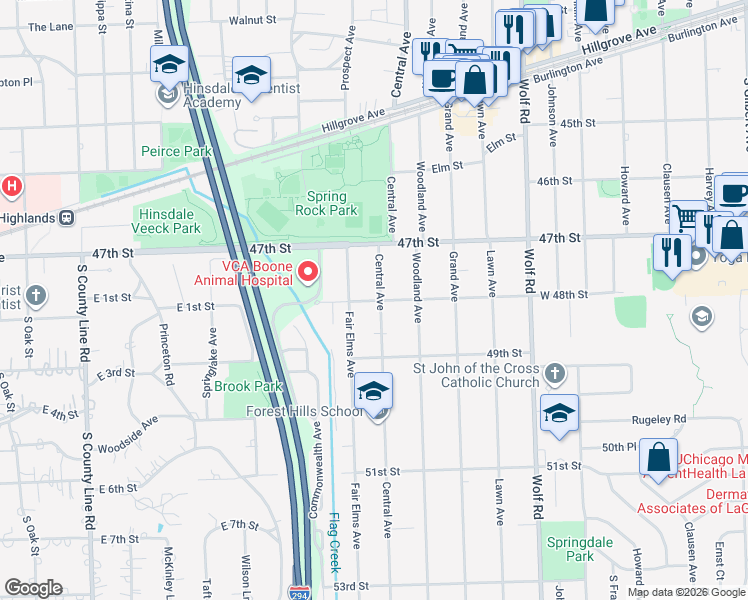 map of restaurants, bars, coffee shops, grocery stores, and more near 4811 Central Avenue in Western Springs
