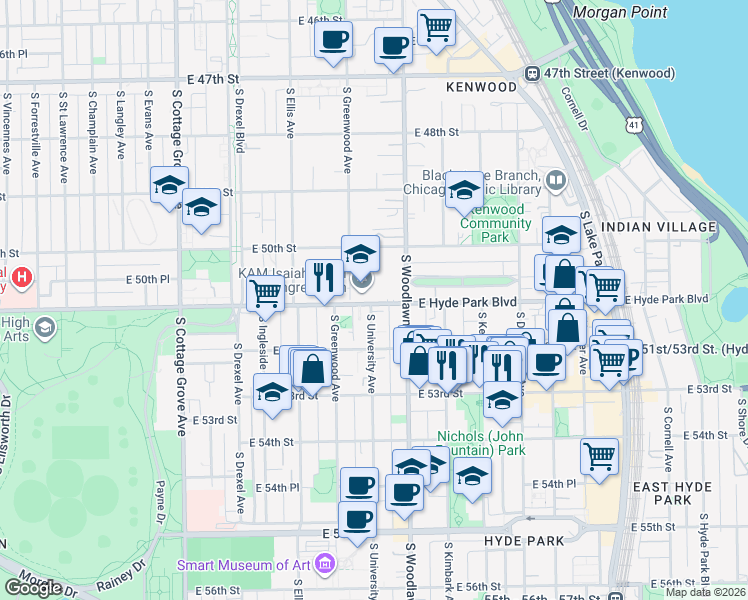 map of restaurants, bars, coffee shops, grocery stores, and more near 1124 East Hyde Park Boulevard in Chicago