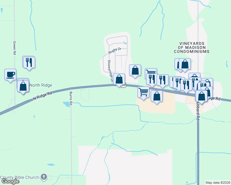 map of restaurants, bars, coffee shops, grocery stores, and more near 6360 North Ridge Road in Madison