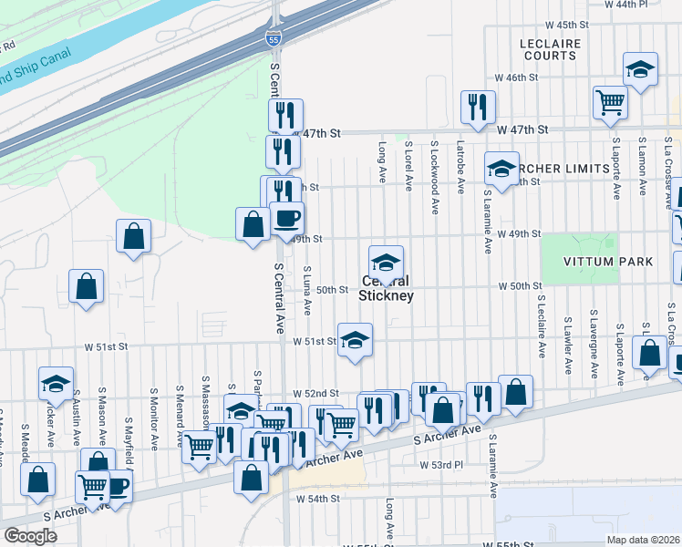 map of restaurants, bars, coffee shops, grocery stores, and more near 4960 South Linder Avenue in Chicago