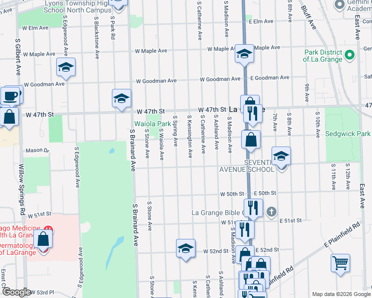 map of restaurants, bars, coffee shops, grocery stores, and more near 626 South Kensington Avenue in La Grange