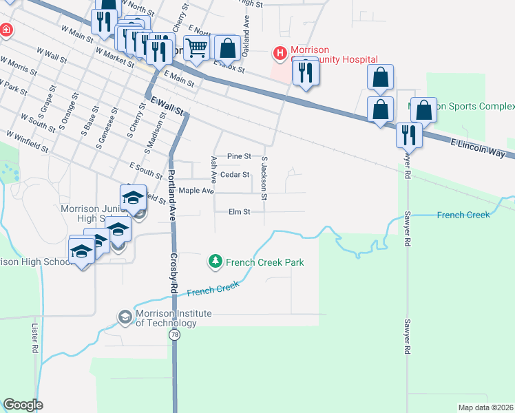 map of restaurants, bars, coffee shops, grocery stores, and more near 217 Elm Street in Morrison