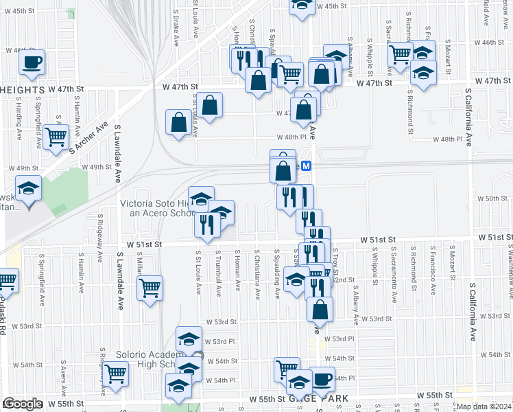 map of restaurants, bars, coffee shops, grocery stores, and more near 4944 S Christiana Ave in Chicago