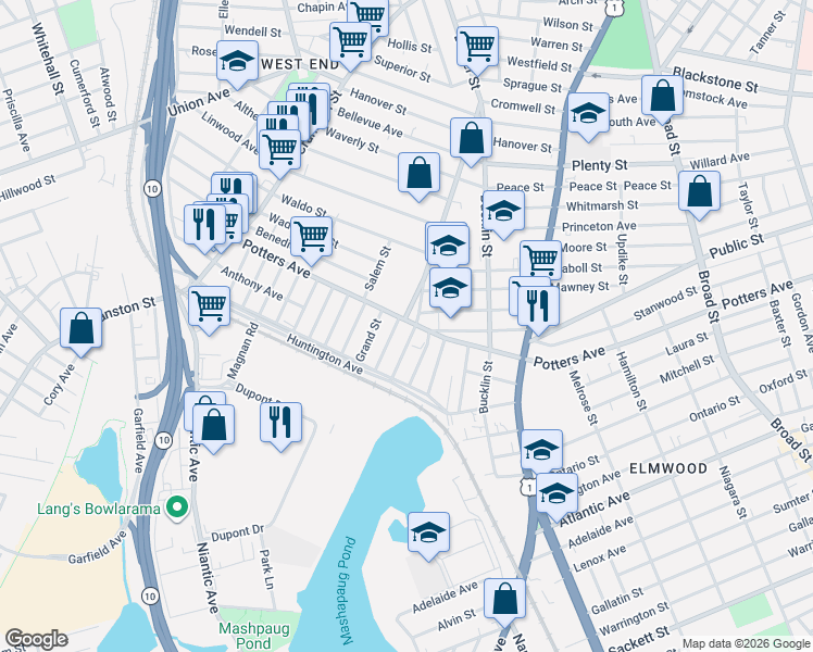 map of restaurants, bars, coffee shops, grocery stores, and more near 642 Potters Avenue in Providence