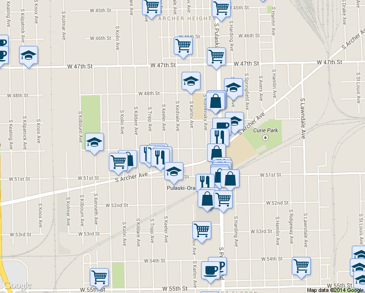map of restaurants, bars, coffee shops, grocery stores, and more near 4959 S Kedvale Ave in Chicago