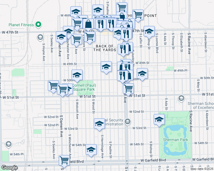 map of restaurants, bars, coffee shops, grocery stores, and more near 5038 South Paulina Street in Chicago