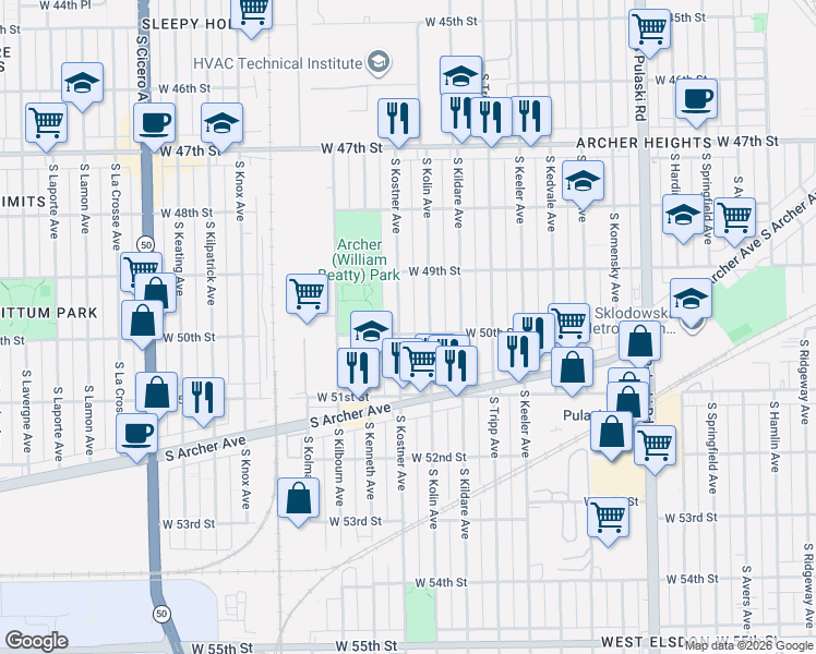 map of restaurants, bars, coffee shops, grocery stores, and more near 5029 South Kenneth Avenue in Chicago