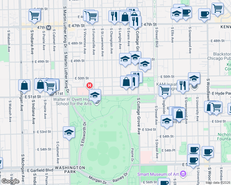 map of restaurants, bars, coffee shops, grocery stores, and more near 658 East 51st Street in Chicago