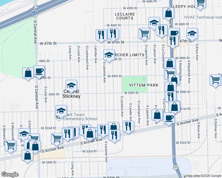 map of restaurants, bars, coffee shops, grocery stores, and more near 5001 South Leamington Avenue in Chicago