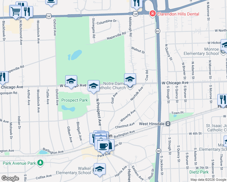 map of restaurants, bars, coffee shops, grocery stores, and more near 45 Golf Avenue in Clarendon Hills