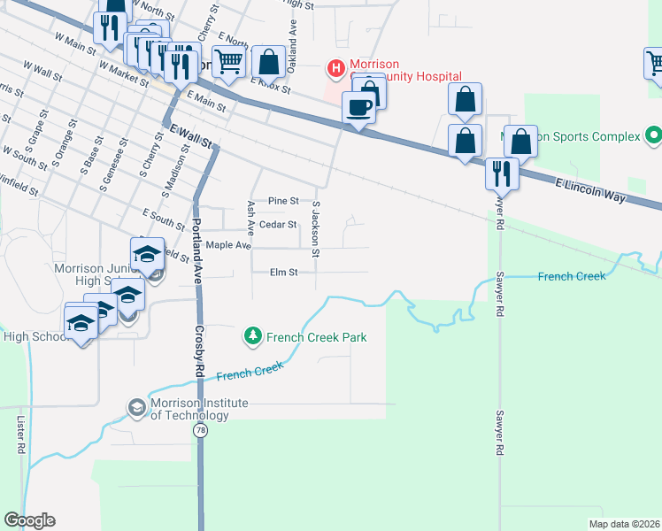 map of restaurants, bars, coffee shops, grocery stores, and more near 403 Elm Street in Morrison