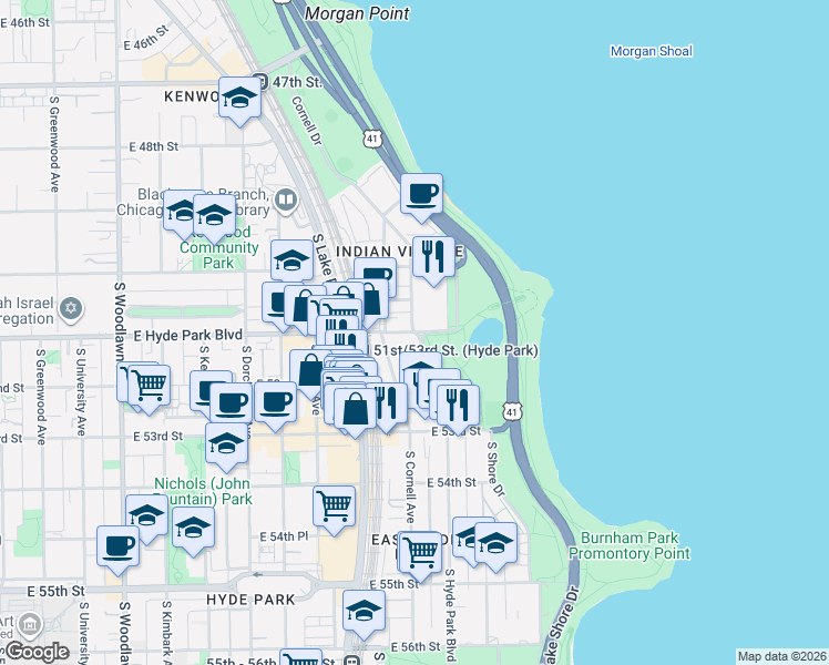 map of restaurants, bars, coffee shops, grocery stores, and more near E Hyde Park Blvd & East End Ave in Chicago