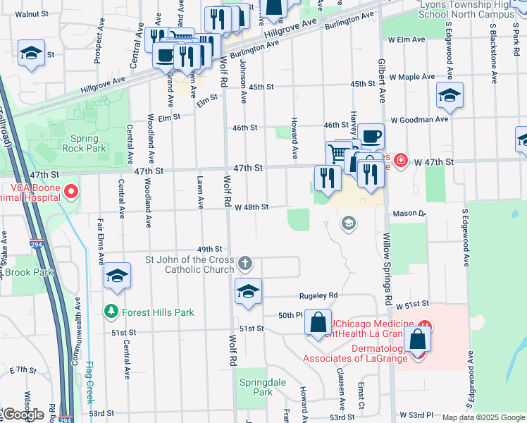 map of restaurants, bars, coffee shops, grocery stores, and more near 4801 Johnson Avenue in Western Springs