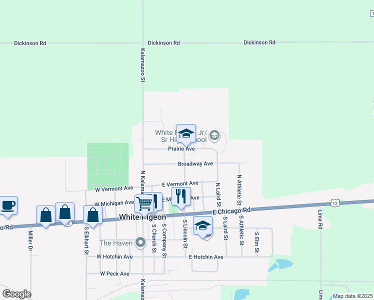 map of restaurants, bars, coffee shops, grocery stores, and more near 410 Prairie Avenue in White Pigeon