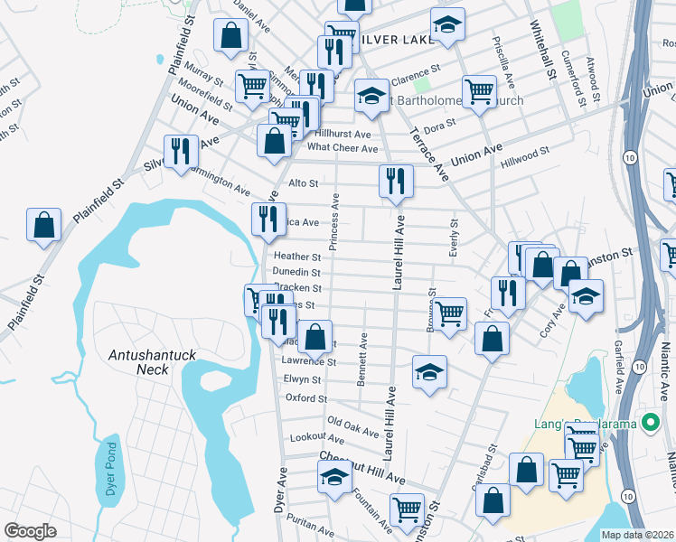 map of restaurants, bars, coffee shops, grocery stores, and more near 364 Princess Avenue in Cranston