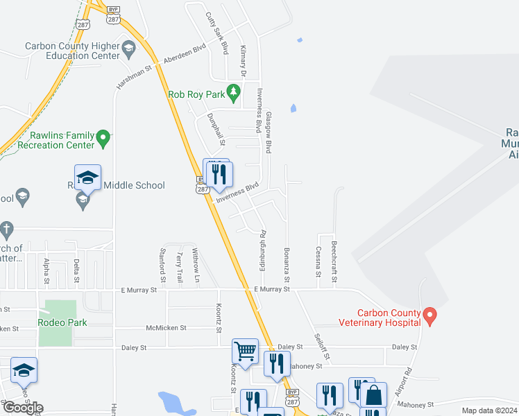 map of restaurants, bars, coffee shops, grocery stores, and more near 1507 Edinburgh Street in Rawlins