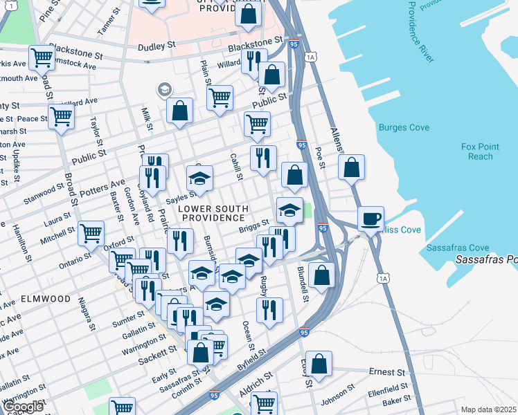 map of restaurants, bars, coffee shops, grocery stores, and more near 440 Cahill Street in Providence