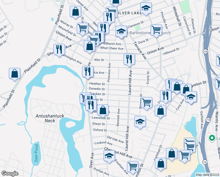 map of restaurants, bars, coffee shops, grocery stores, and more near 364 Princess Avenue in Cranston