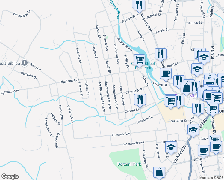 map of restaurants, bars, coffee shops, grocery stores, and more near 191 Central Avenue in Torrington