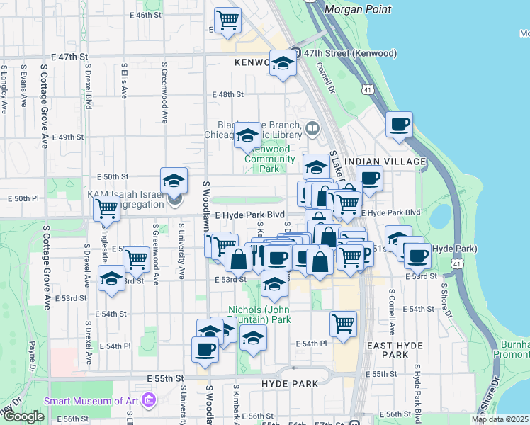 map of restaurants, bars, coffee shops, grocery stores, and more near 5112 South Dorchester Avenue in Chicago