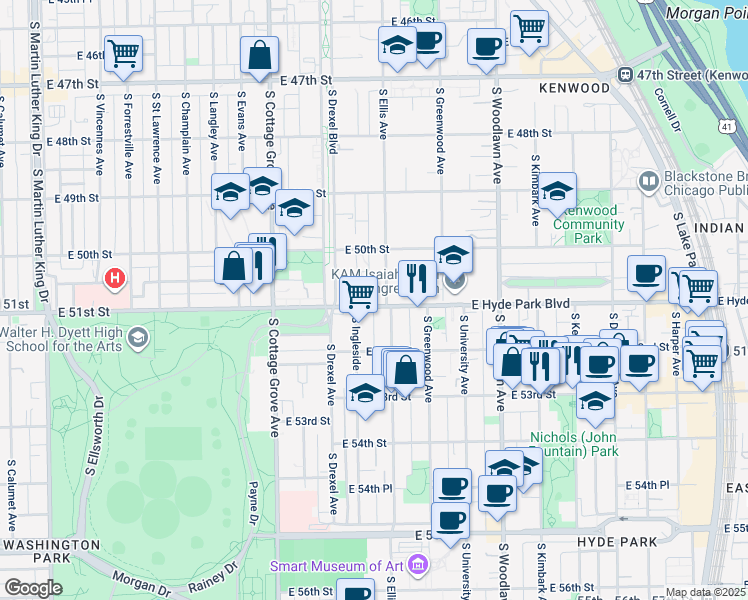 map of restaurants, bars, coffee shops, grocery stores, and more near 5100 South Ellis Avenue in Chicago