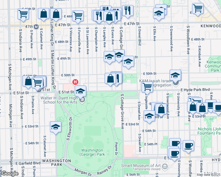 map of restaurants, bars, coffee shops, grocery stores, and more near 732 East 51st Street in Chicago