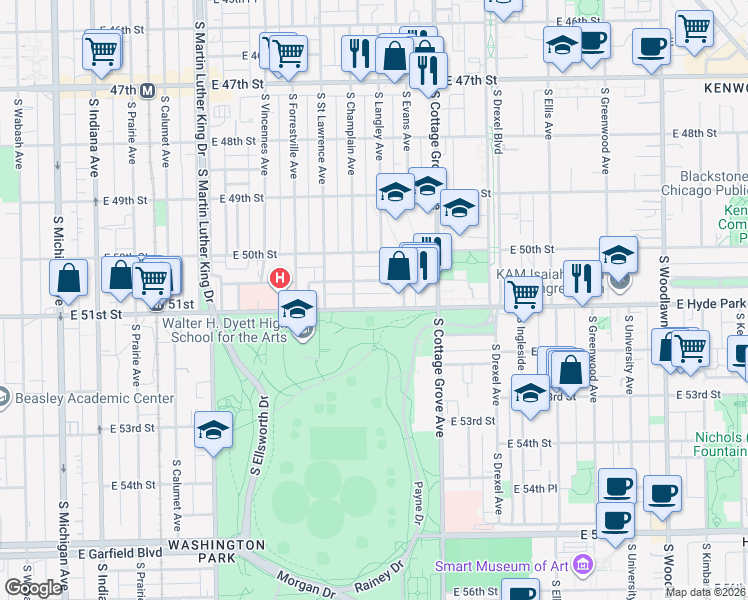 map of restaurants, bars, coffee shops, grocery stores, and more near 658 East 51st Street in Chicago