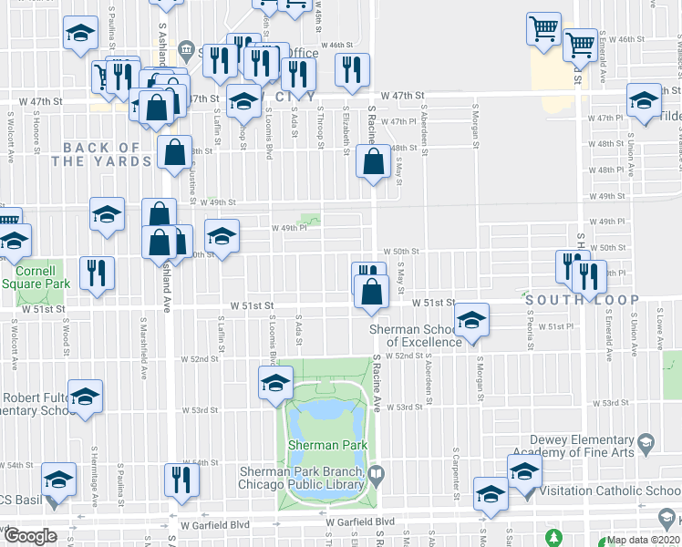 map of restaurants, bars, coffee shops, grocery stores, and more near 5043 South Throop Street in Chicago