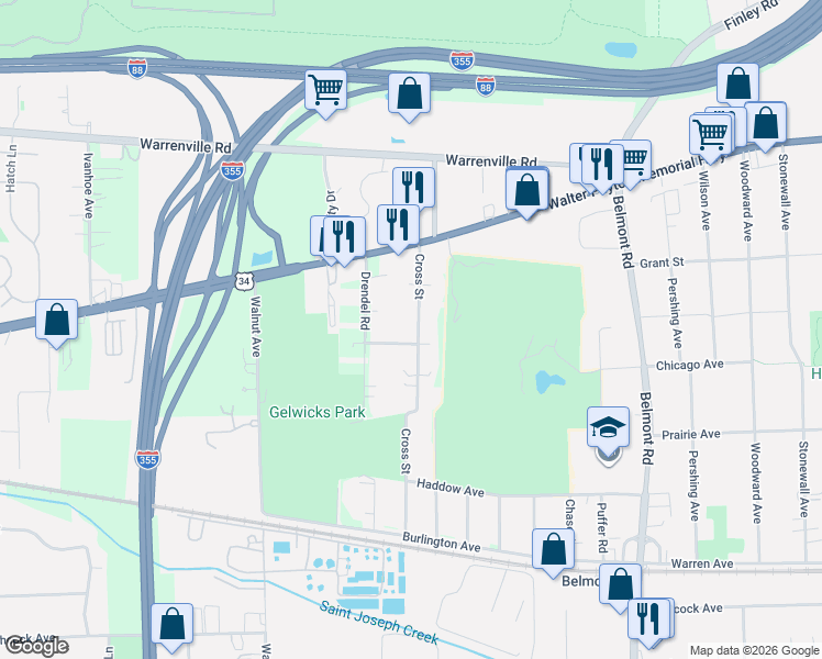 map of restaurants, bars, coffee shops, grocery stores, and more near 2529 Indianapolis Avenue in Downers Grove