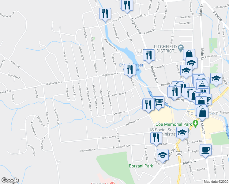 map of restaurants, bars, coffee shops, grocery stores, and more near 92 Beechwood Avenue in Torrington