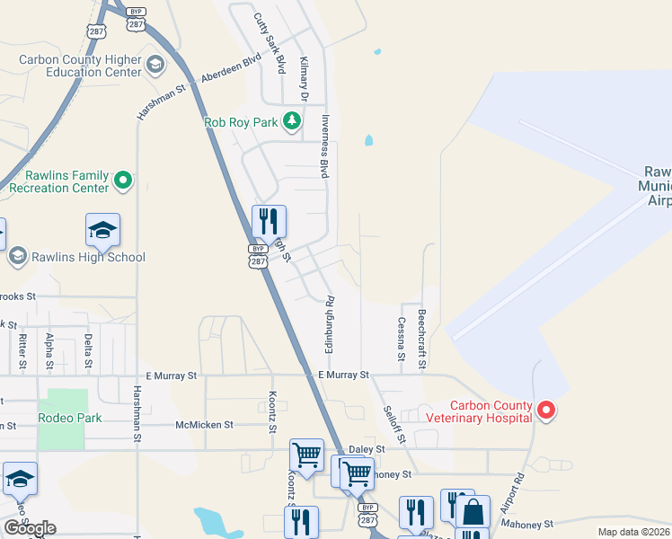 map of restaurants, bars, coffee shops, grocery stores, and more near Edinburgh Rd in Rawlins