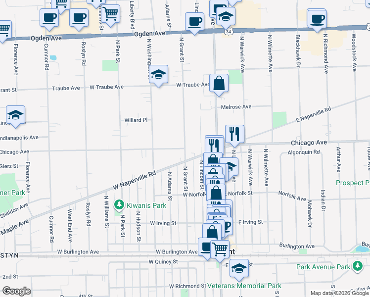 map of restaurants, bars, coffee shops, grocery stores, and more near Chicago Avenue in DuPage County