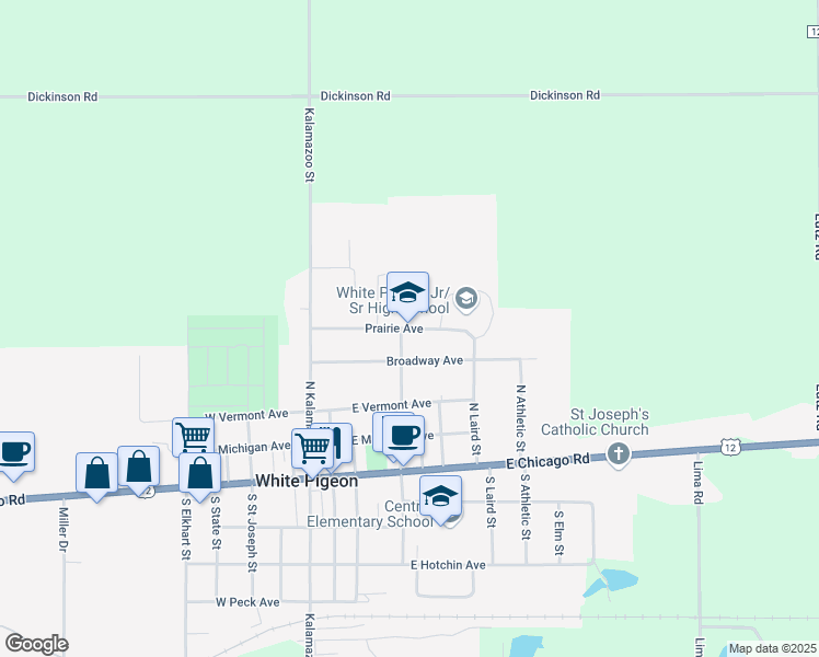 map of restaurants, bars, coffee shops, grocery stores, and more near 410 Prairie Avenue in White Pigeon