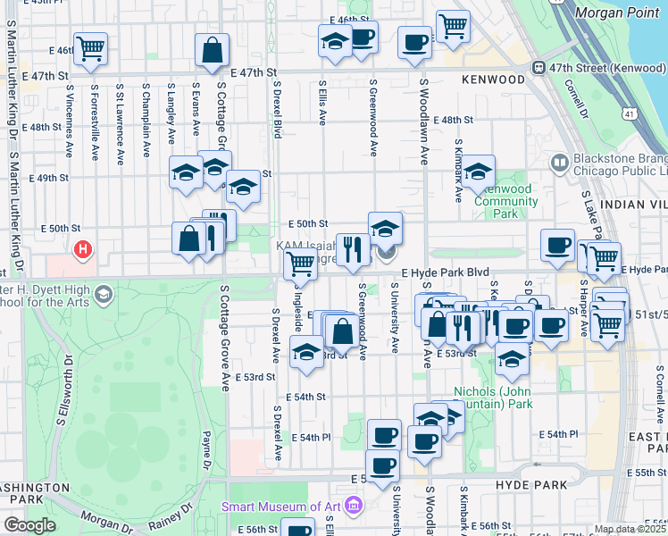 map of restaurants, bars, coffee shops, grocery stores, and more near 5053 South Ellis Avenue in Chicago