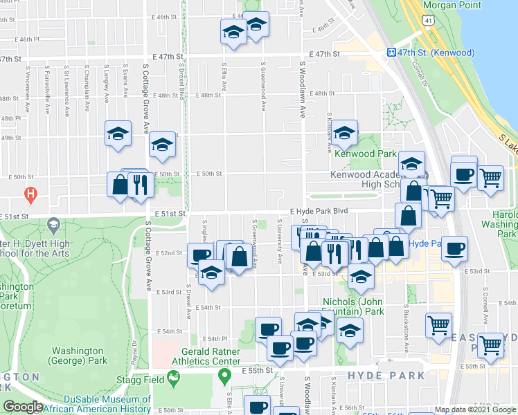map of restaurants, bars, coffee shops, grocery stores, and more near 5050 South Greenwood Avenue in Chicago