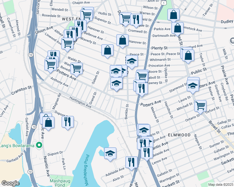 map of restaurants, bars, coffee shops, grocery stores, and more near 65 Greenwich Street in Providence