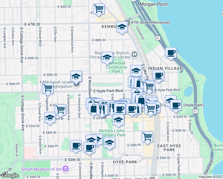 map of restaurants, bars, coffee shops, grocery stores, and more near 1334 East Hyde Park Boulevard in Chicago
