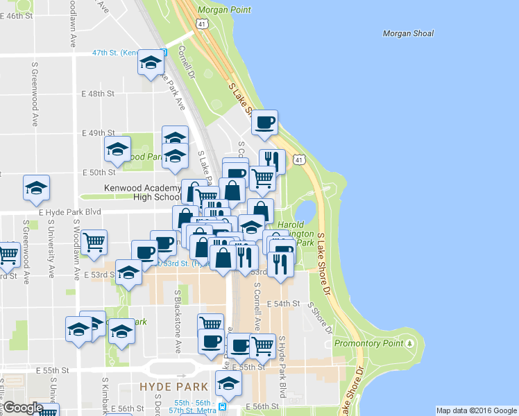 map of restaurants, bars, coffee shops, grocery stores, and more near 7243 SE End Ave in Chicago