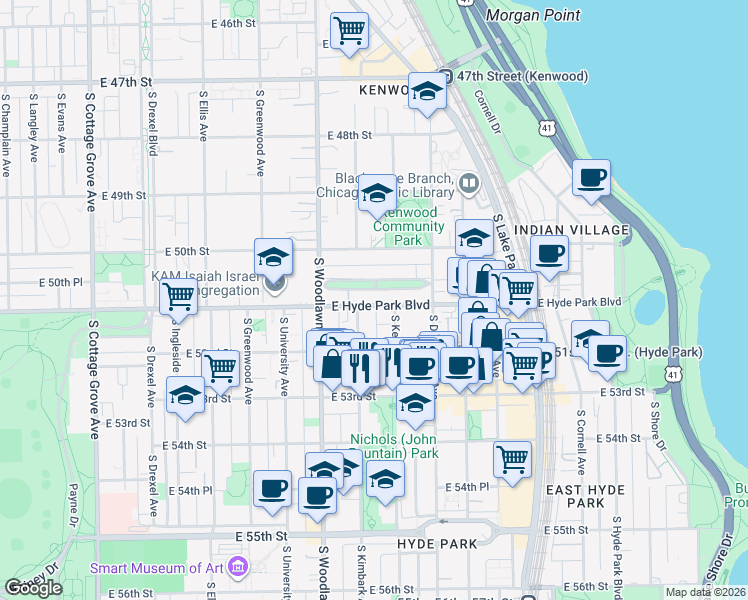 map of restaurants, bars, coffee shops, grocery stores, and more near 1312 East Hyde Park Boulevard in Chicago