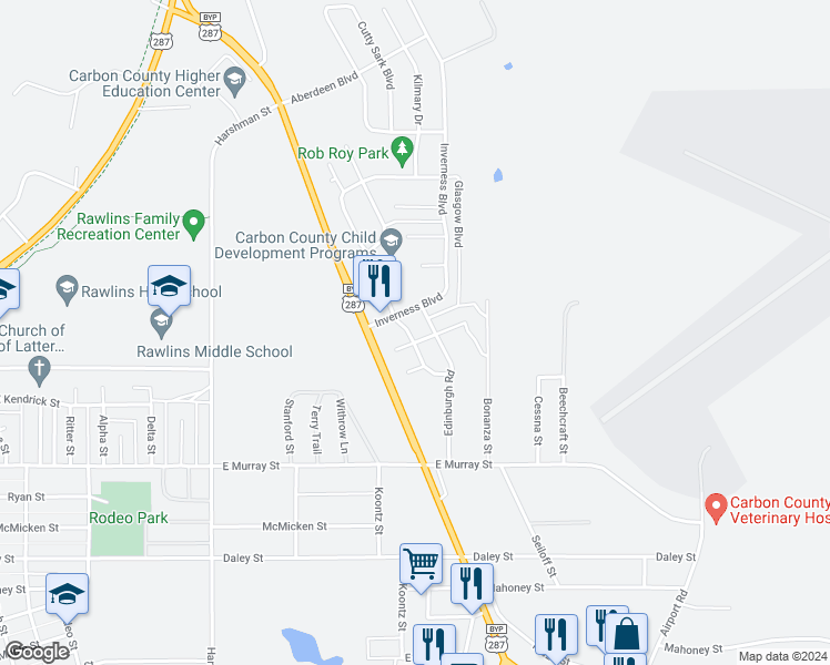 map of restaurants, bars, coffee shops, grocery stores, and more near 1609 Edinburgh Street in Rawlins